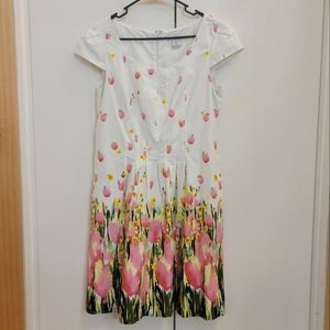 LIZ CLAIBORNE PINK FLORAL MIDLENTH DRESS PETITE